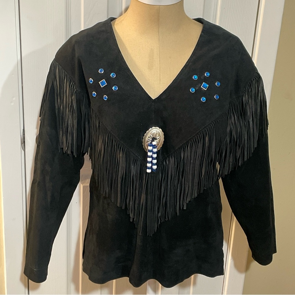 Black Fringe Tunic with Blue Accents